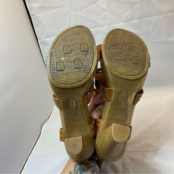 Dr. Scholl’s Women Tan Brown Sandals Chunky Wooden Heel OpenToe Strappy size 8 - Picture 5 of 8